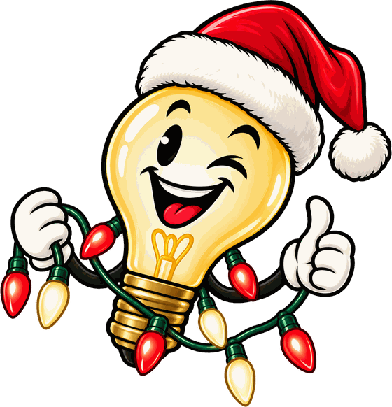 The Jingle and Glow mascot, a smiling light bulb in a Santa hat giving a thumbs up