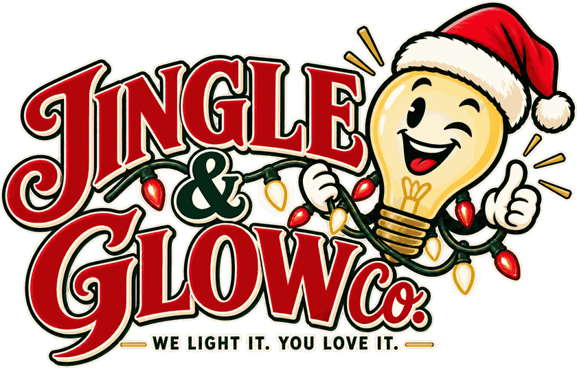 Jingle and Glow Co, a smiling light bulb in a Santa hat wrapped in a strand of Christmas lights beside the company name